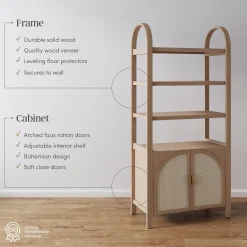 Arched Door Rattan Bookshelf with Doors Raw Oak (Set of 2)