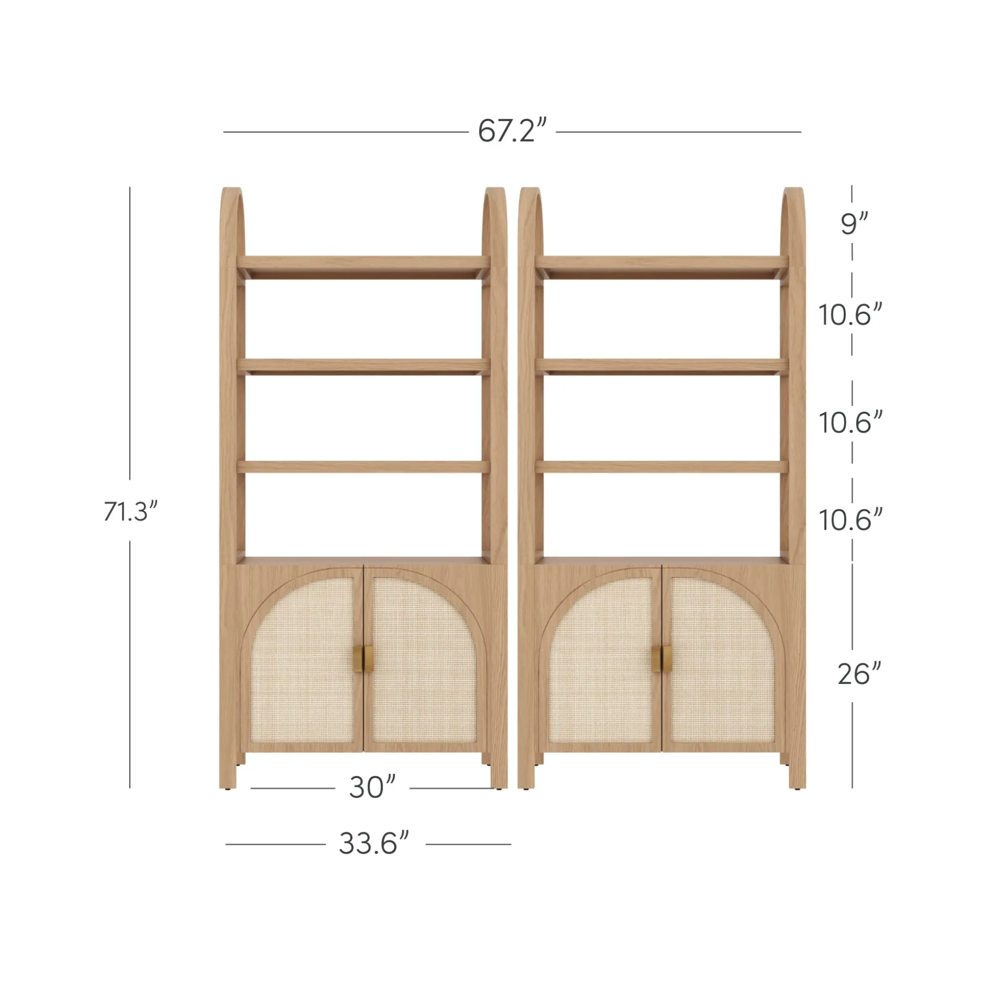 Arched Door Rattan Bookshelf with Doors Raw Oak (Set of 2)