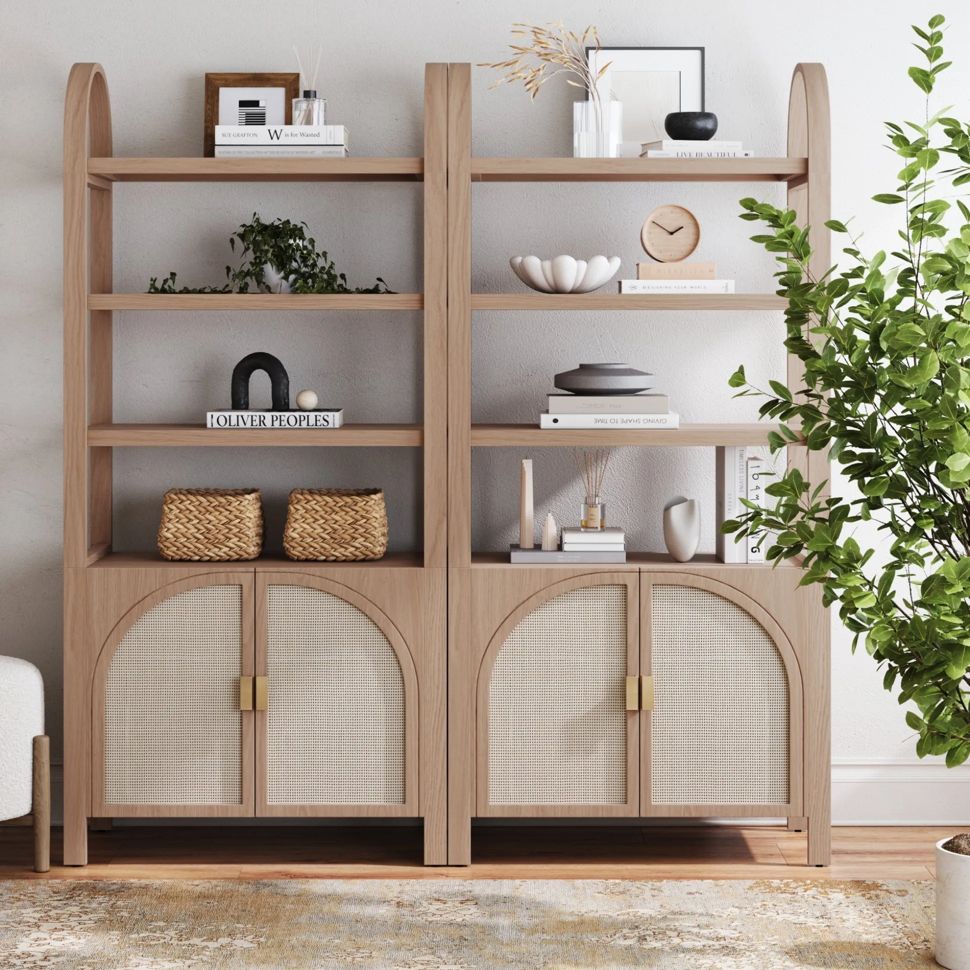 Arched Door Rattan Bookshelf with Doors Raw Oak (Set of 2)