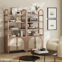 Arched Door Rattan Bookshelf with Doors Raw Oak (Set of 2)
