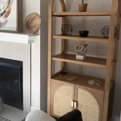 Arched Door Rattan Bookshelf with Doors Raw Oak