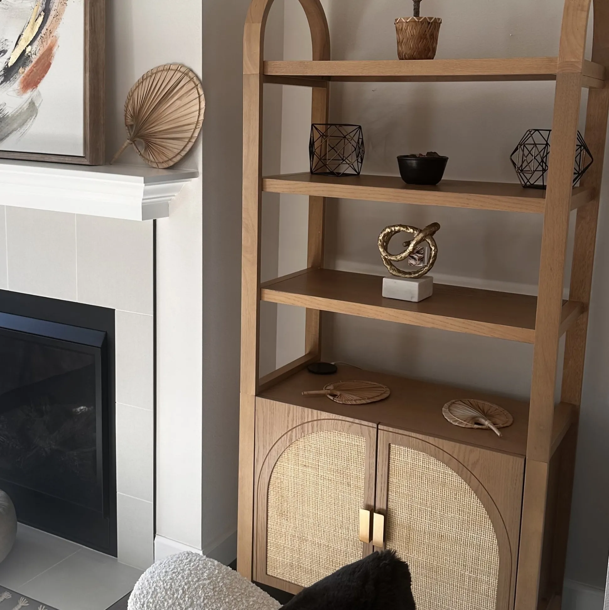 Arched Door Rattan Bookshelf with Doors Raw Oak