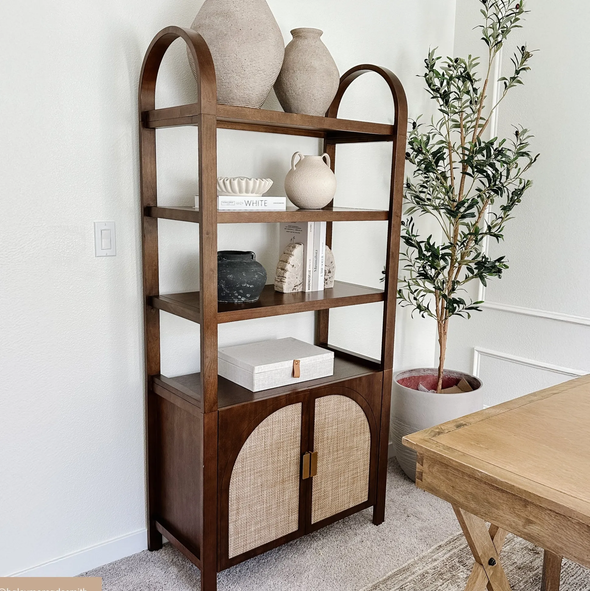 Arched Door Rattan Bookshelf with Doors Dark Acacia (Set of 2)