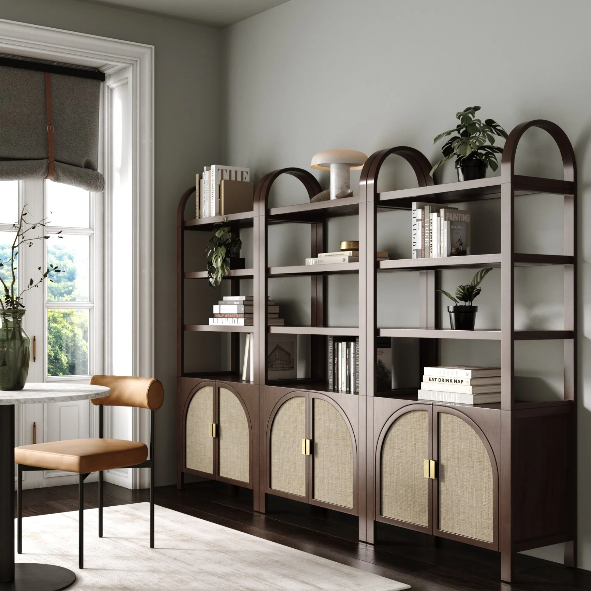 Arched Door Rattan Bookshelf with Doors Dark Acacia (Set of 2)