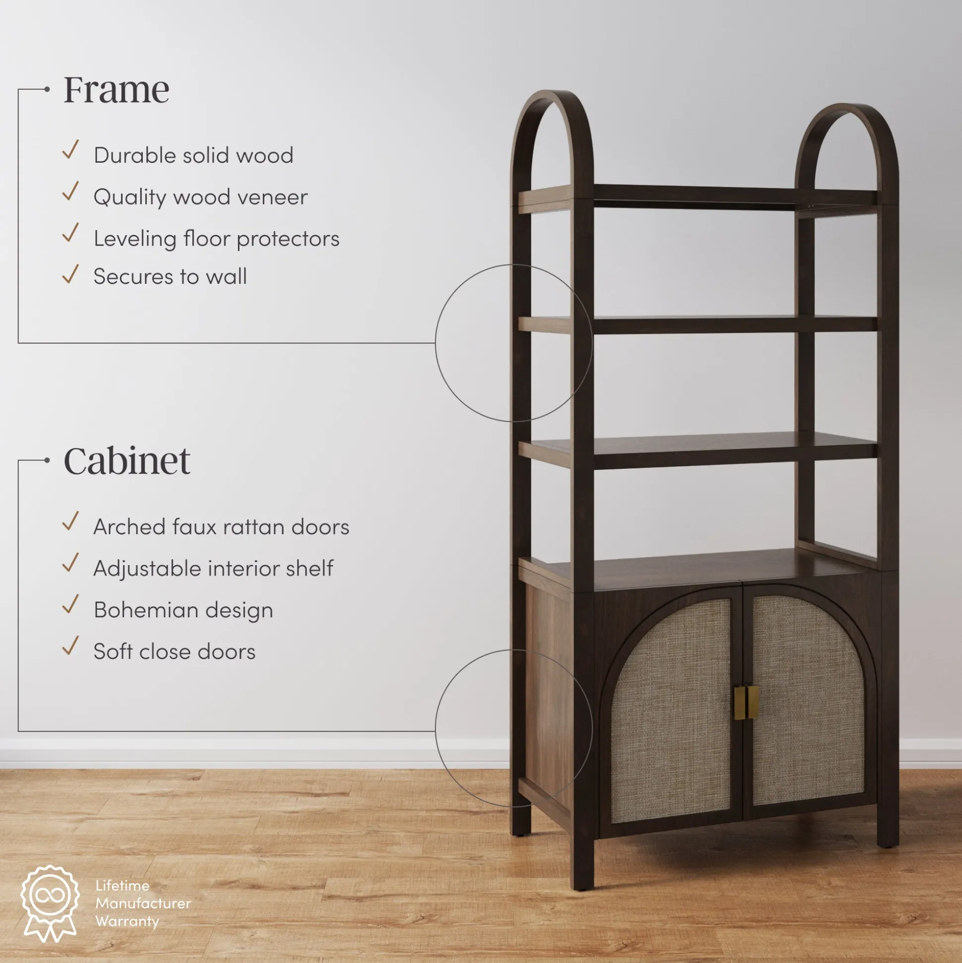 Arched Door Rattan Bookshelf with Doors Dark Acacia (Set of 2)