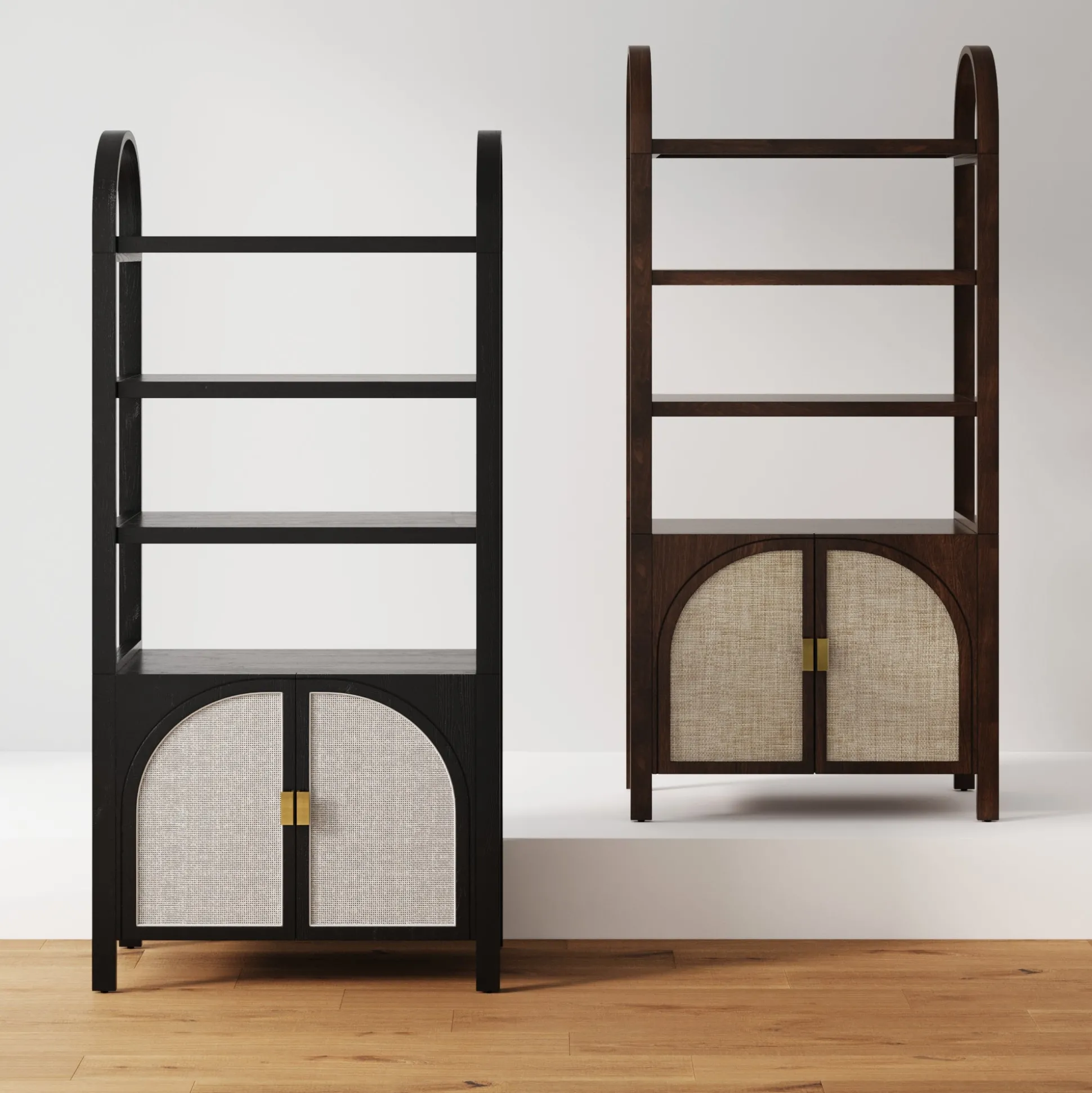 Arched Door Rattan Bookshelf with Doors Dark Acacia