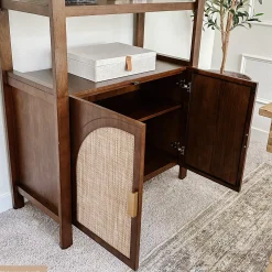 Arched Door Rattan Bookshelf with Doors Dark Acacia