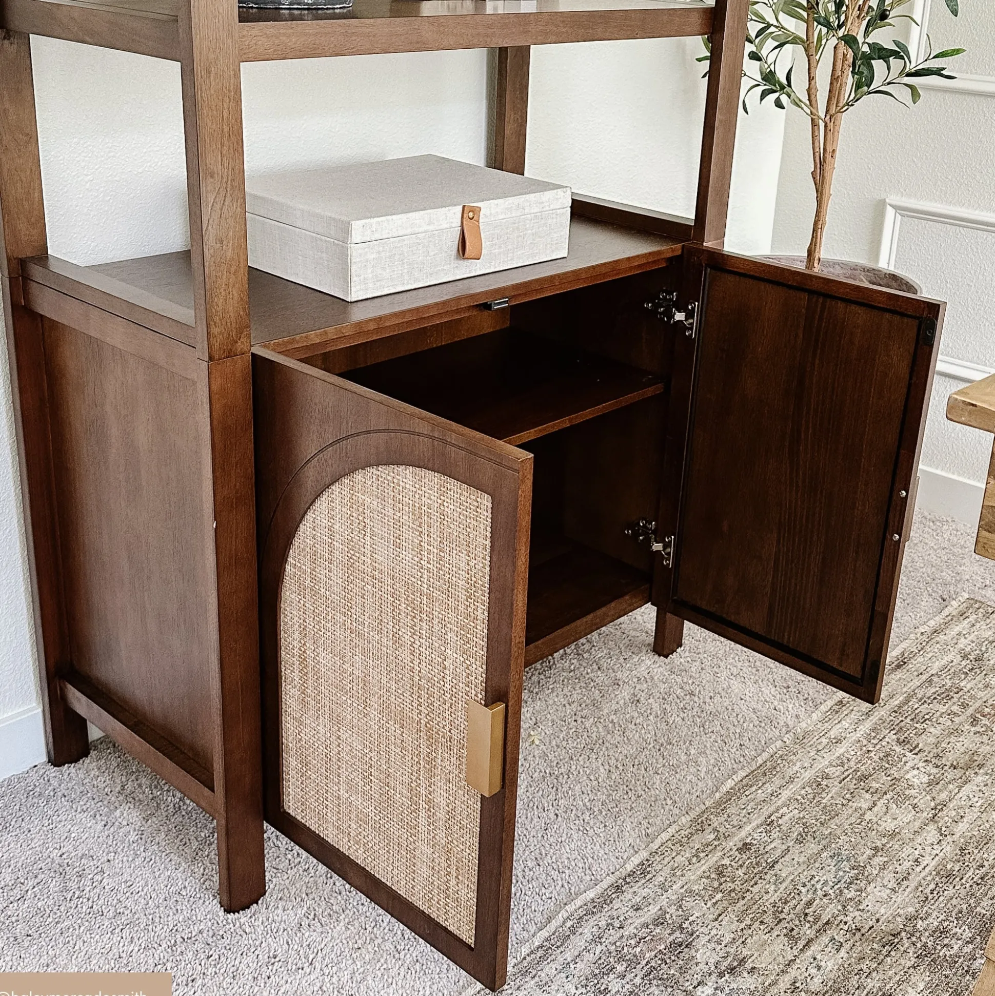 Arched Door Rattan Bookshelf with Doors Dark Acacia