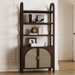 Arched Door Rattan Bookshelf with Doors Dark Acacia