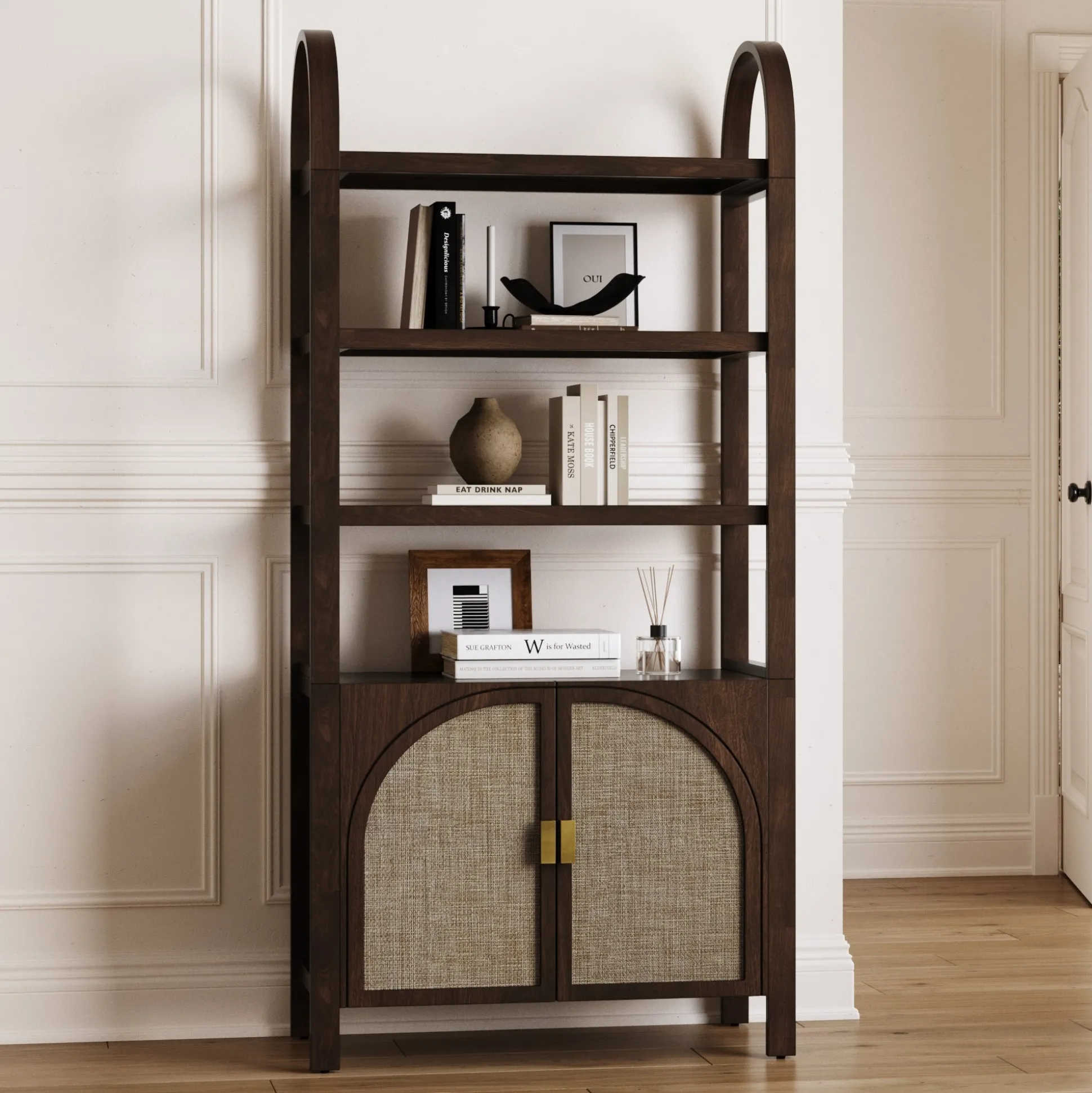 Arched Door Rattan Bookshelf with Doors Dark Acacia