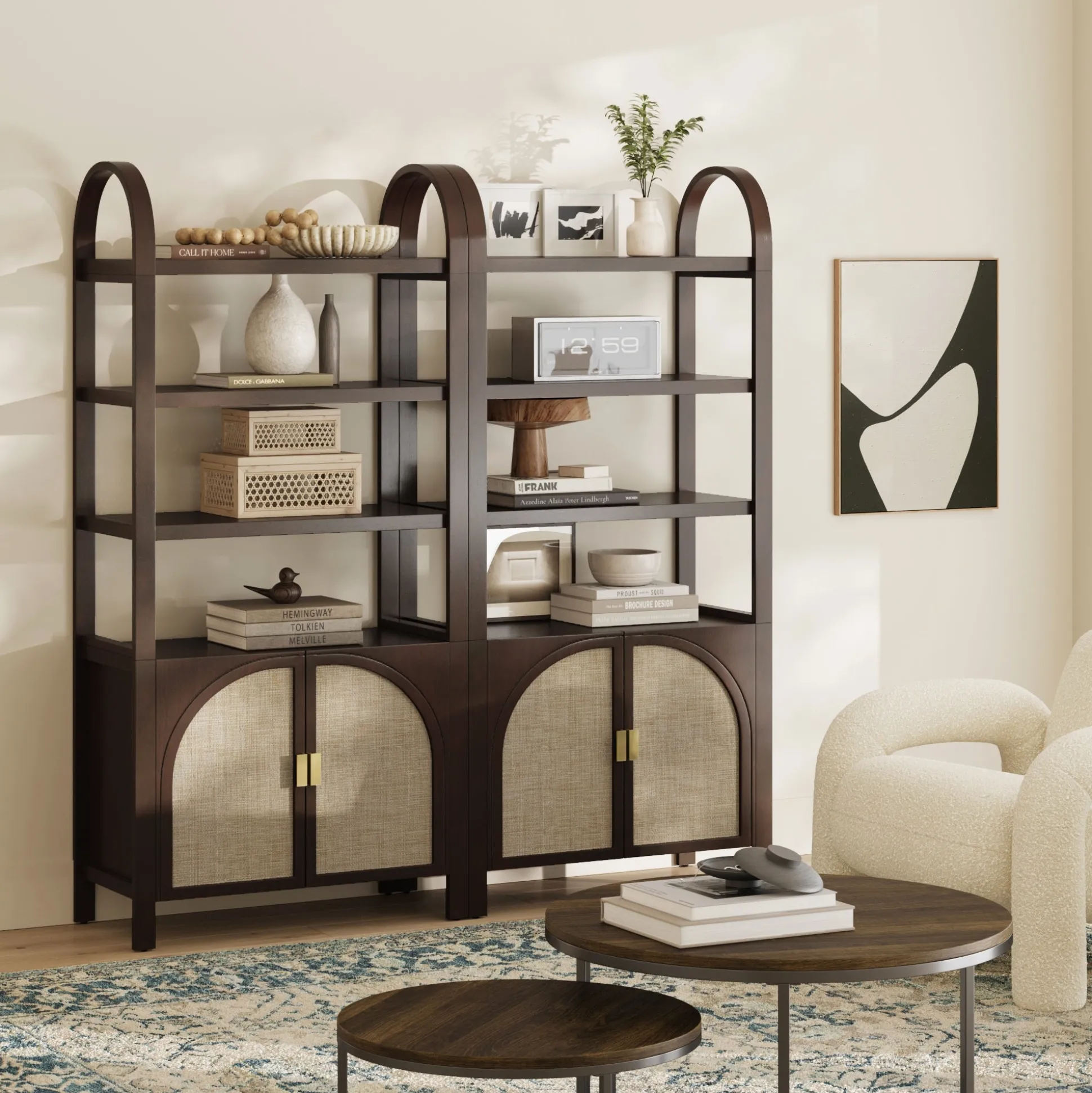 Arched Door Rattan Bookshelf with Doors Dark Acacia