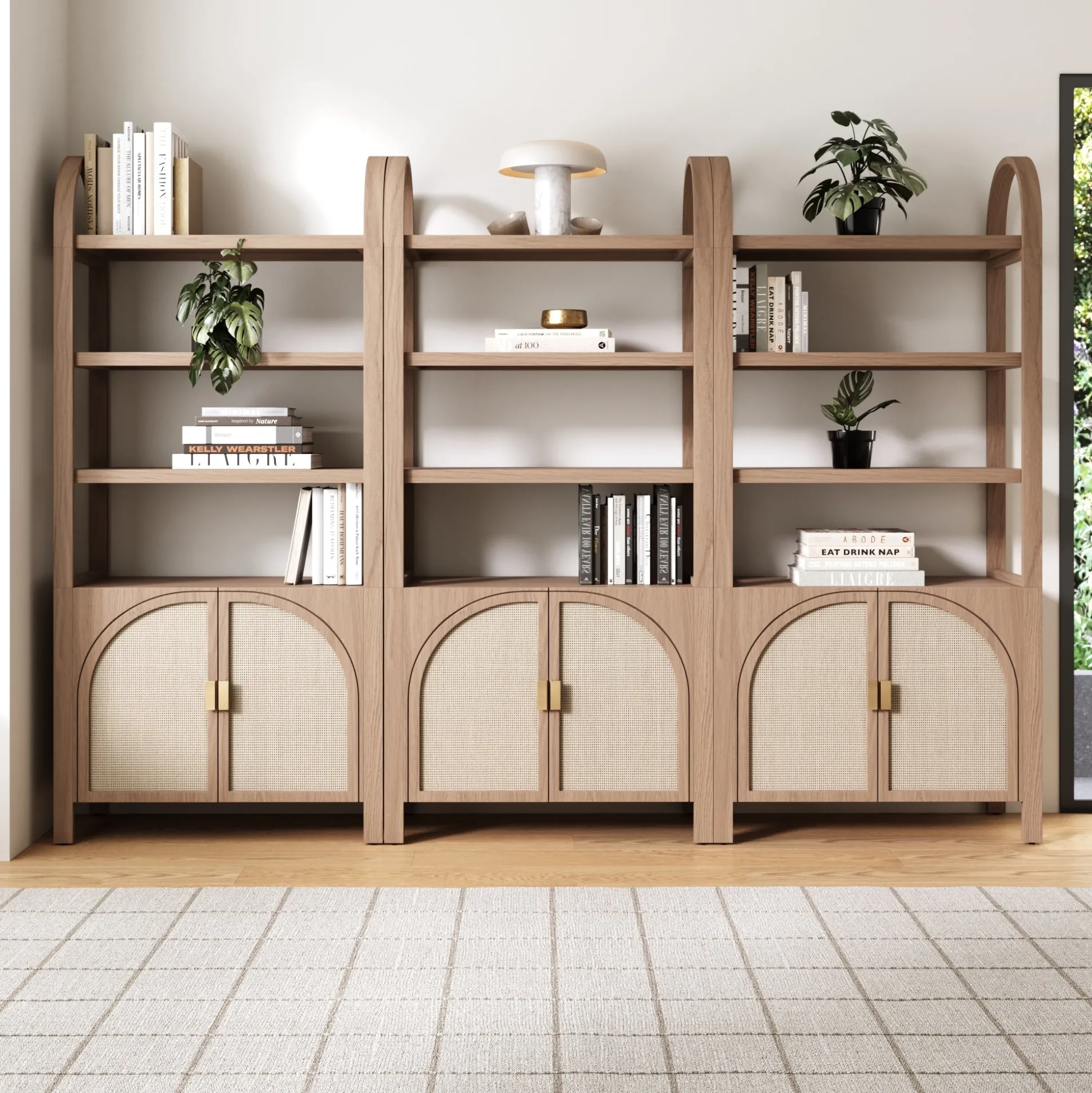 Arched Door Rattan Bookshelf with Doors Raw Oak (Set of 3)