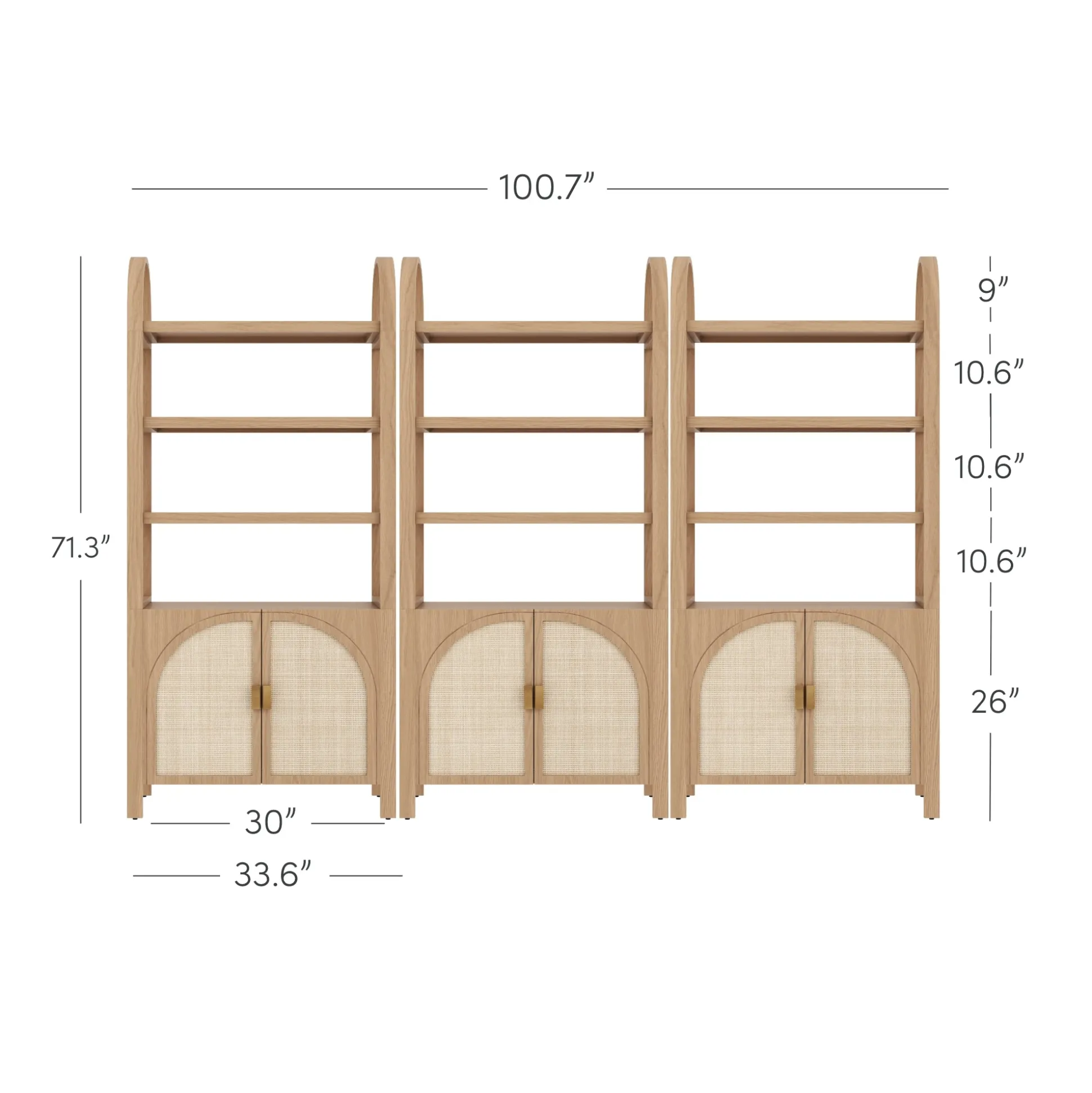 Arched Door Rattan Bookshelf with Doors Raw Oak (Set of 3)