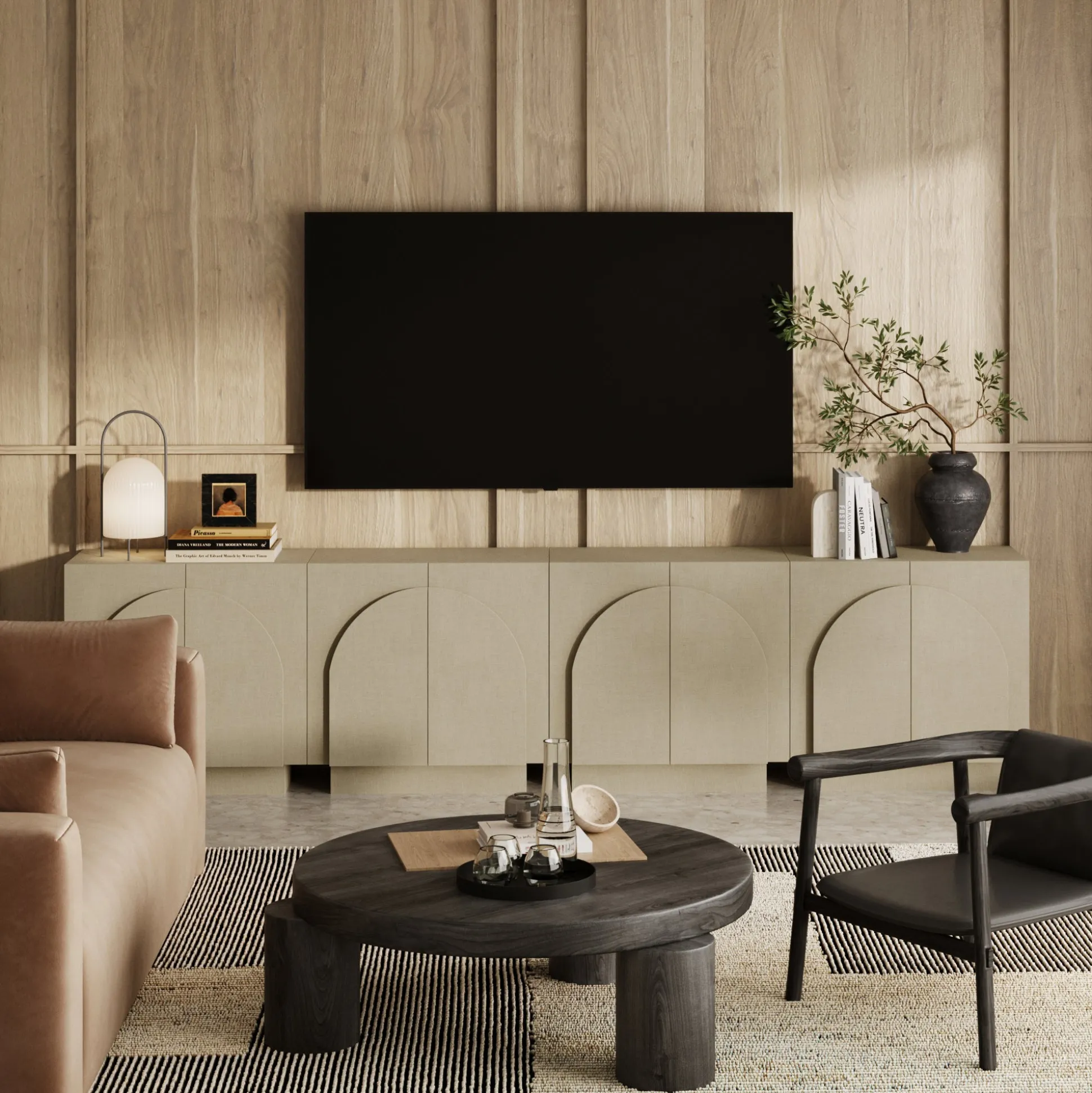 Arched Fabric Wrapped Storage Credenza with Doors Beige (Set of 4)
