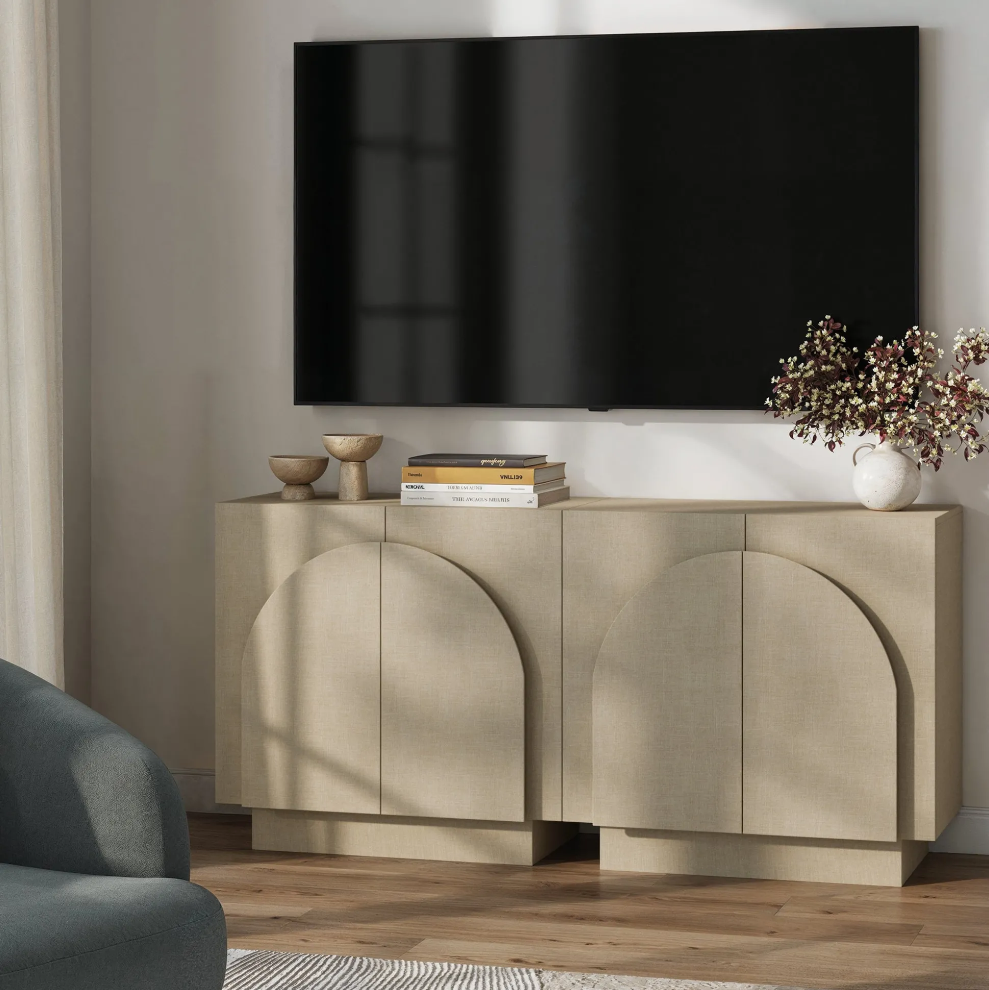 Arched Fabric Wrapped Storage Cabinet Credenza Beige (Set of 2)