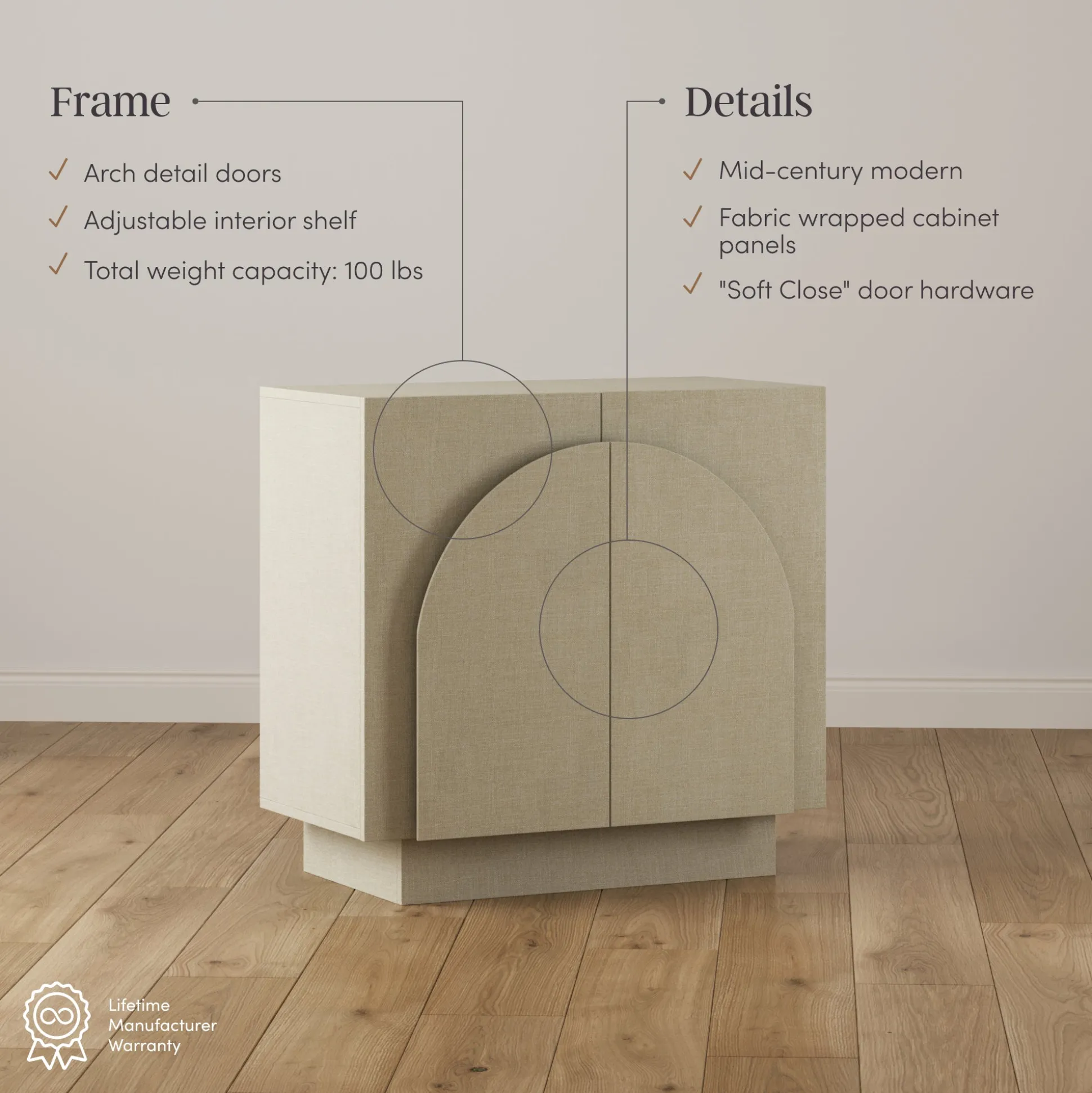 Arched Fabric Wrapped Storage Cabinet Credenza Beige (Set of 2)