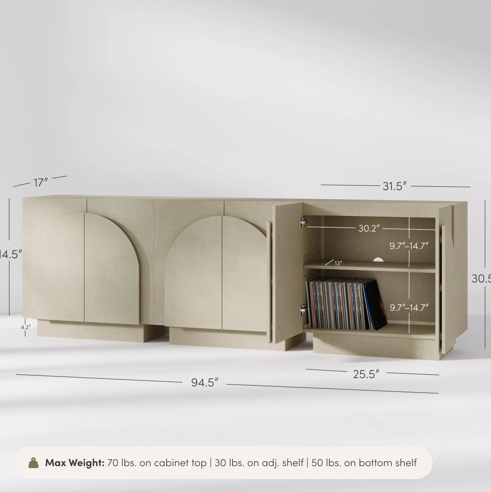 Arched Fabric Wrapped Storage Cabinet Credenza Beige (Set of 3)