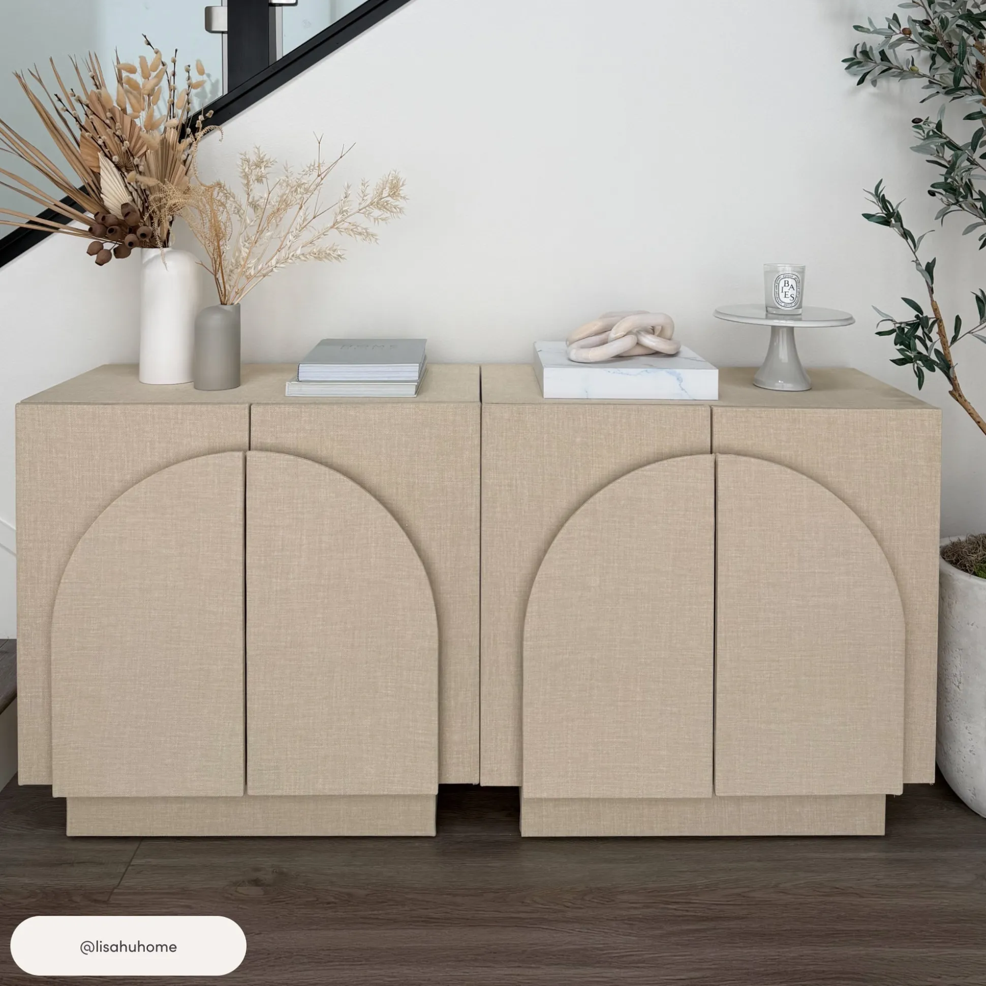 Arched Fabric Wrapped Storage Cabinet Credenza Beige (Set of 3)