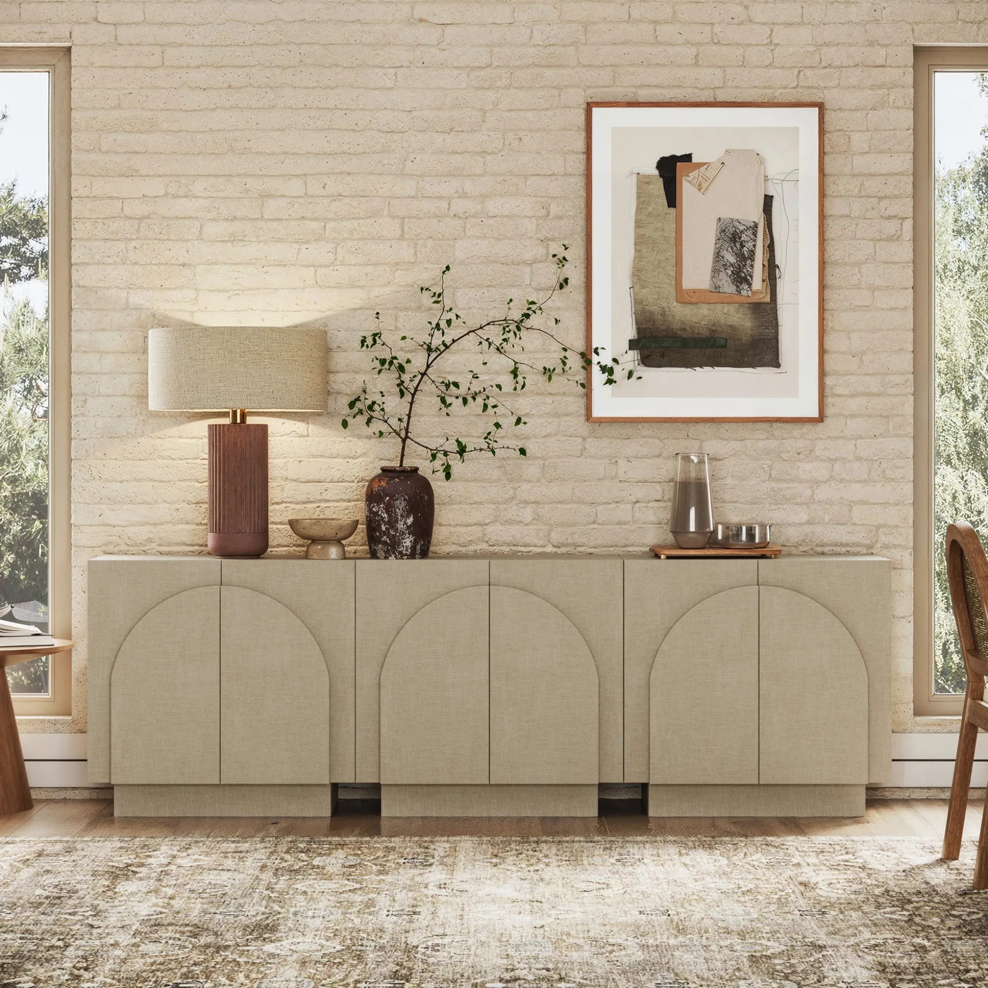 Arched Fabric Wrapped Storage Cabinet Credenza Beige (Set of 3)