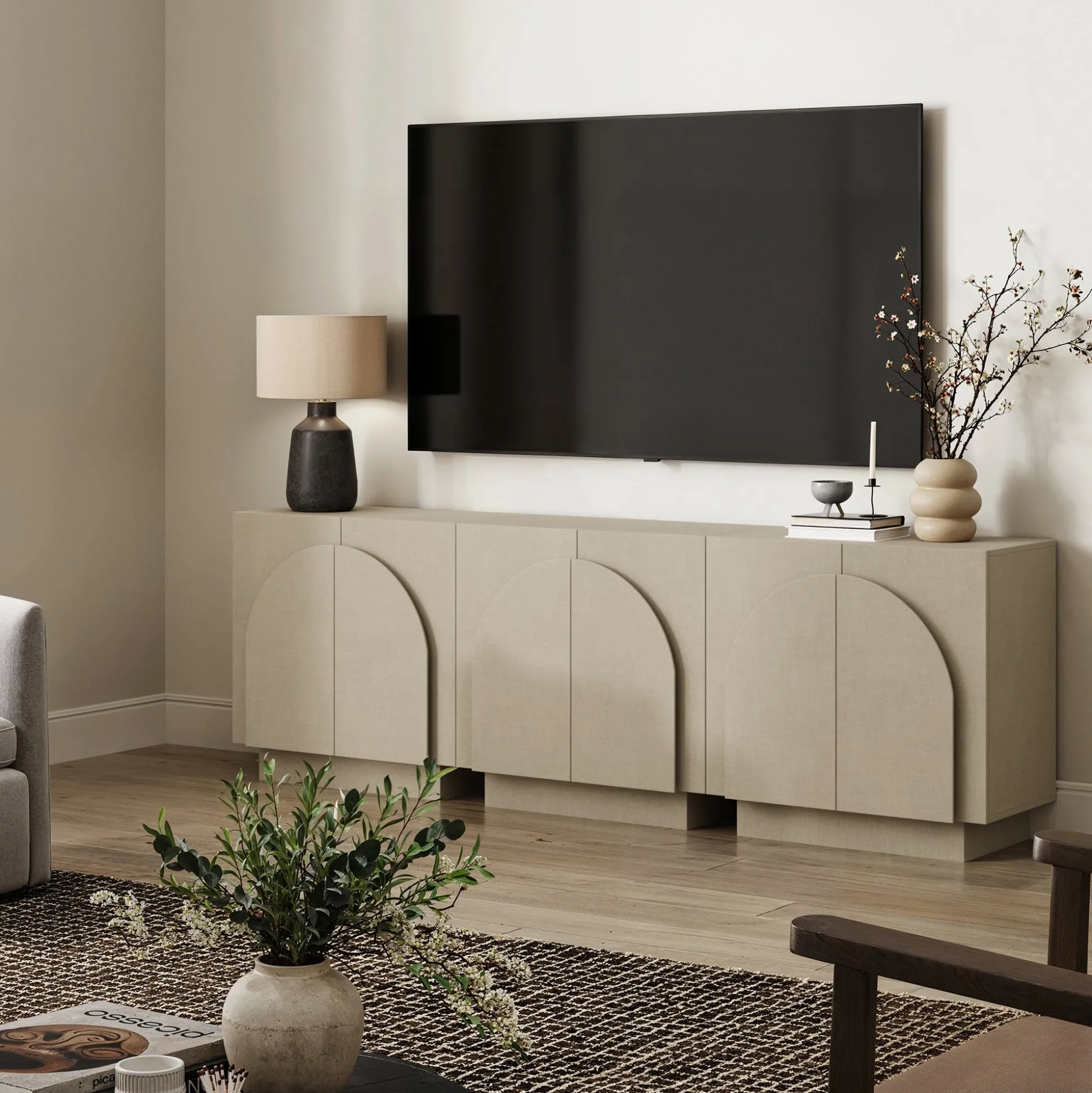 Arched Fabric Wrapped Storage Cabinet Credenza Beige (Set of 3)