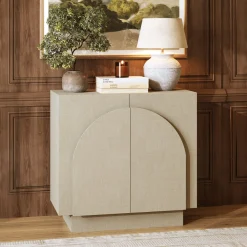 Arched Fabric Wrapped Storage Cabinet Beige Linen