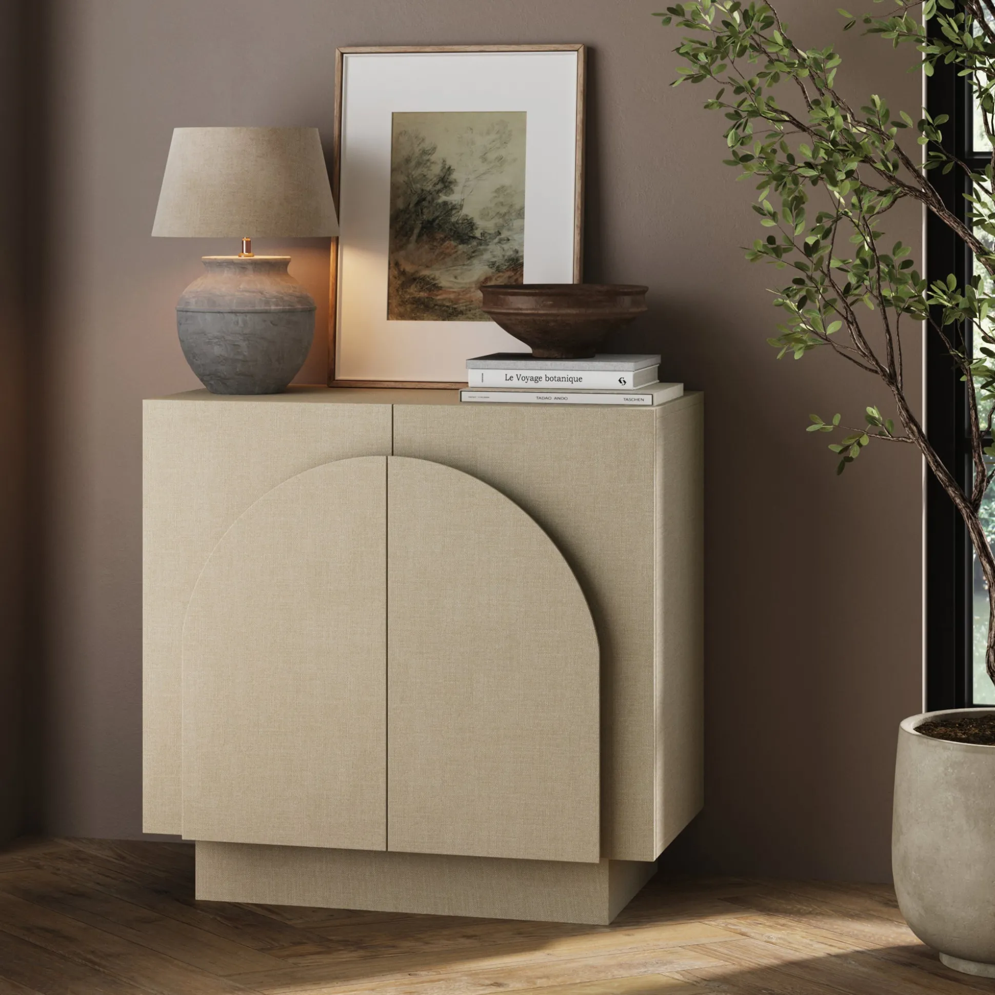 Arched Fabric Wrapped Storage Cabinet Beige Linen