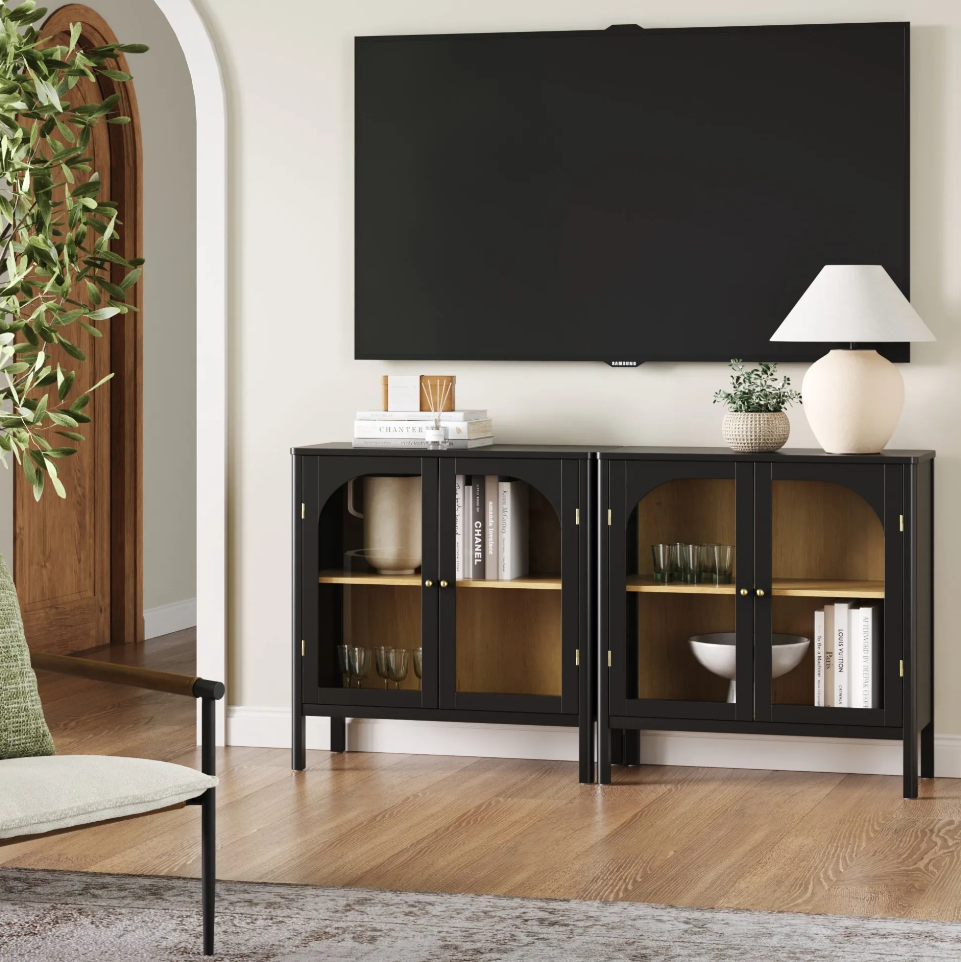 Arched Glass Door TV Console for TVs up to 65" Black