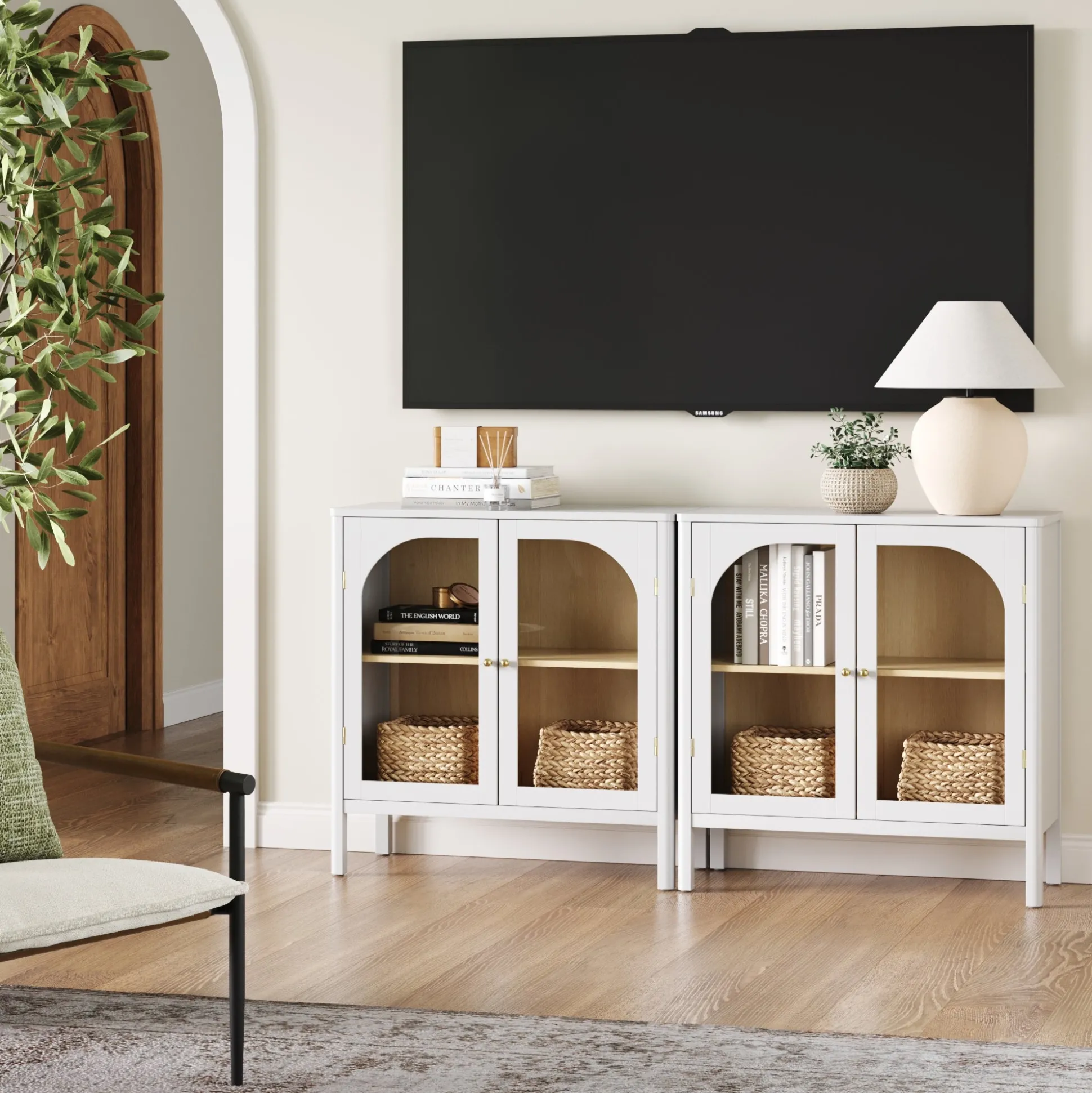 Arched Glass Door TV Console for TVs up to 65" White