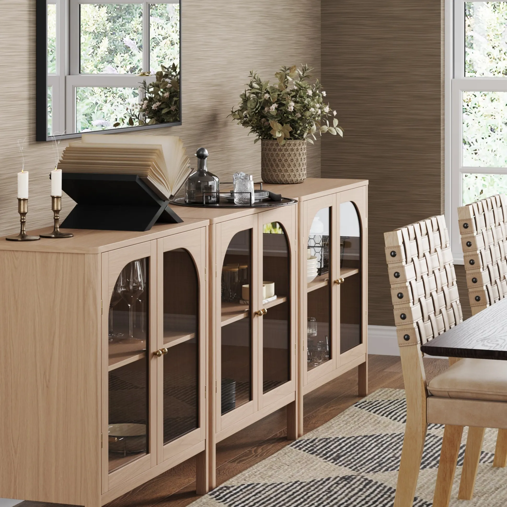 Arched Glass Door TV Console for TVs up to 75" Raw Oak
