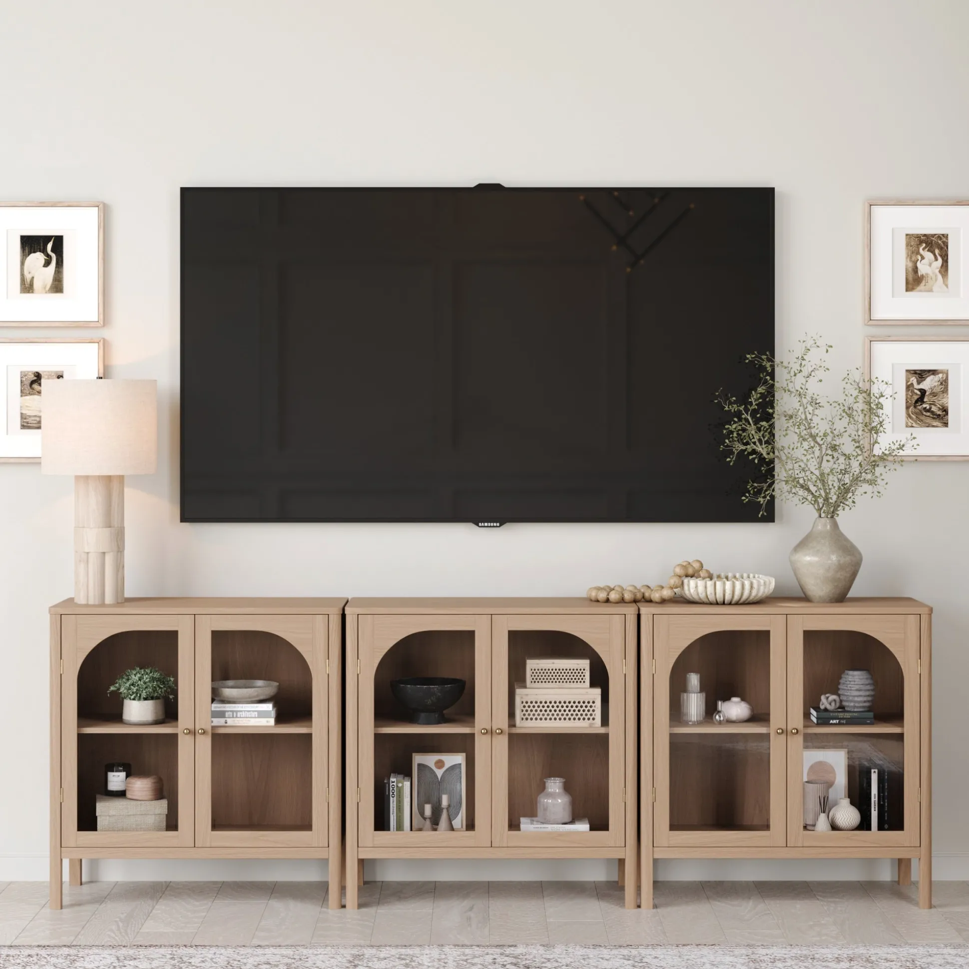 Arched Glass Door TV Console for TVs up to 75" Raw Oak