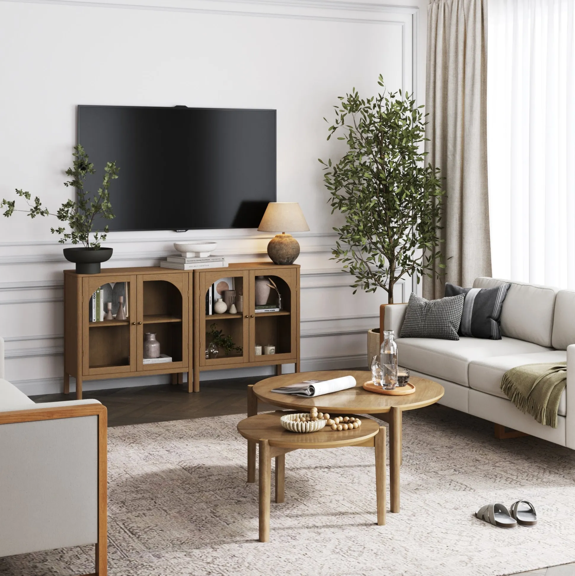 Arched Glass Door TV Console for TVs up to 65" Brown