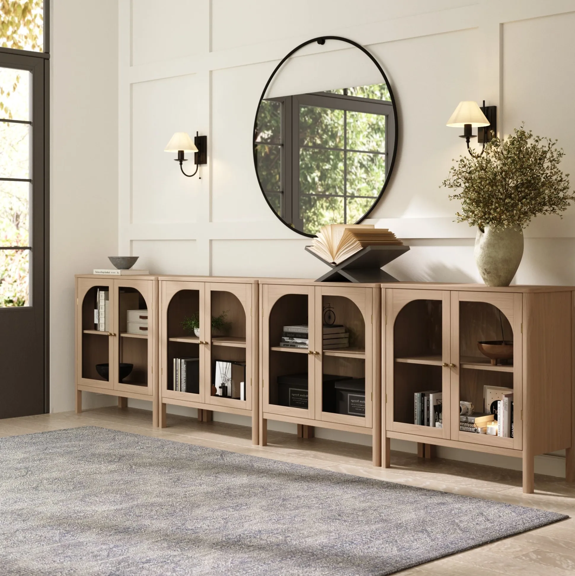 Arched Glass Door TV Console for TVs up to 100" Raw Oak