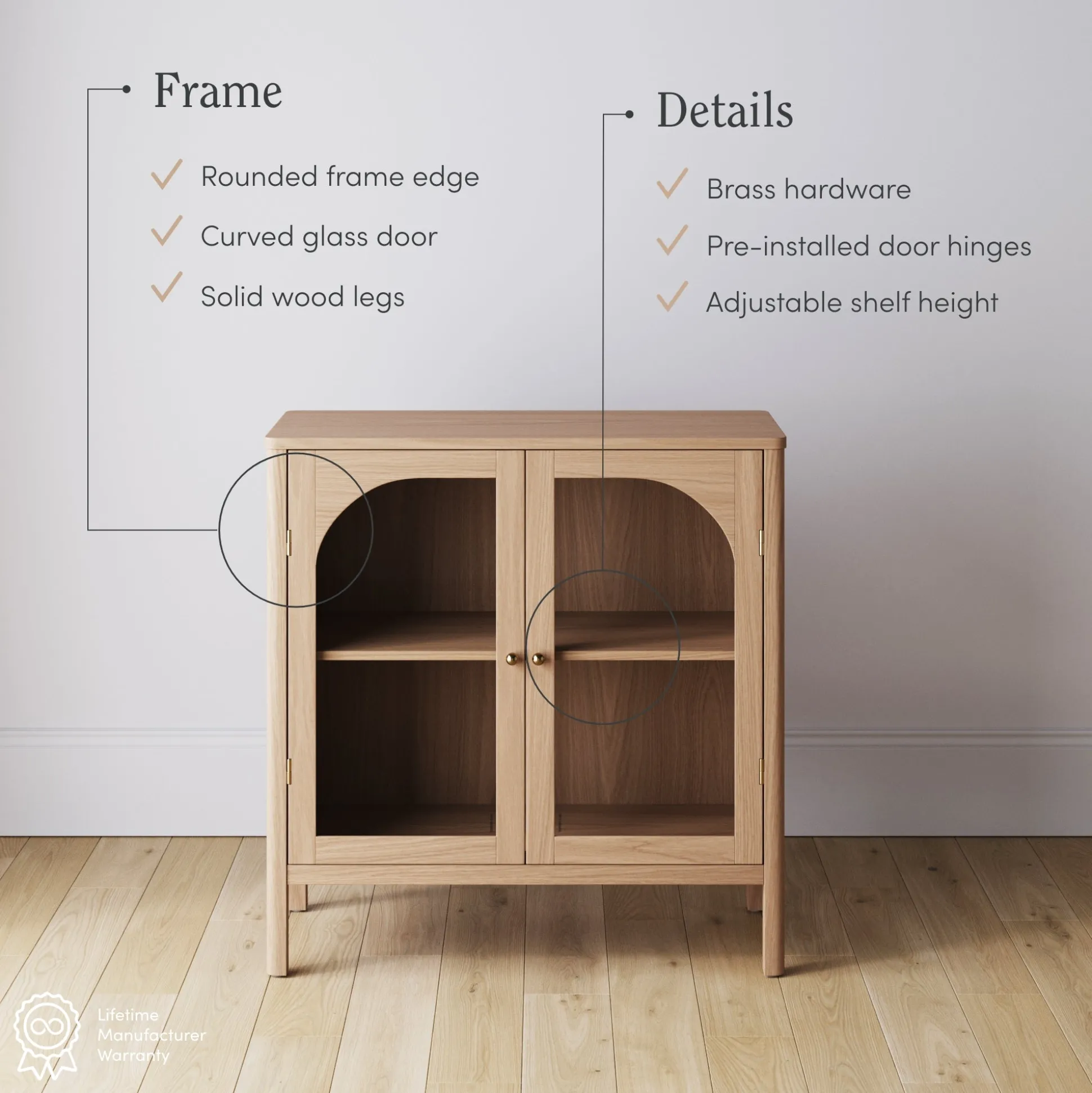 Arched Glass Door TV Console for TVs up to 100" Raw Oak