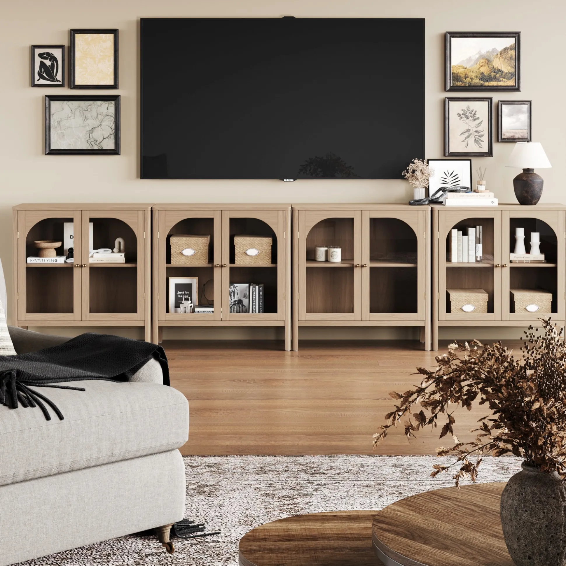 Arched Glass Door TV Console for TVs up to 100" Raw Oak