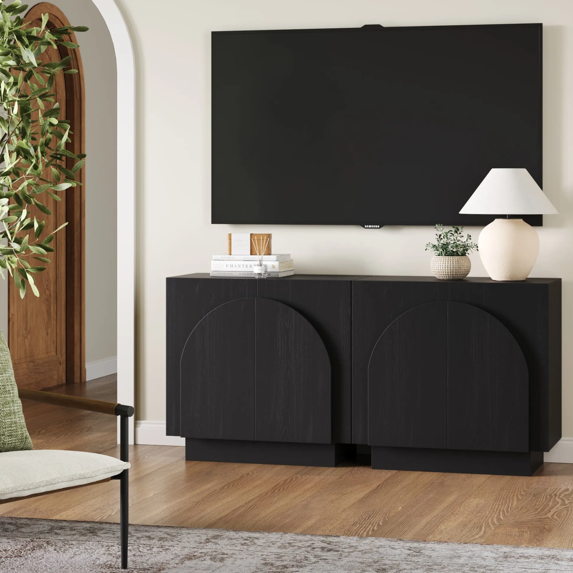 Arched Kitchen Cabinet Credenza Black (Set of 2)
