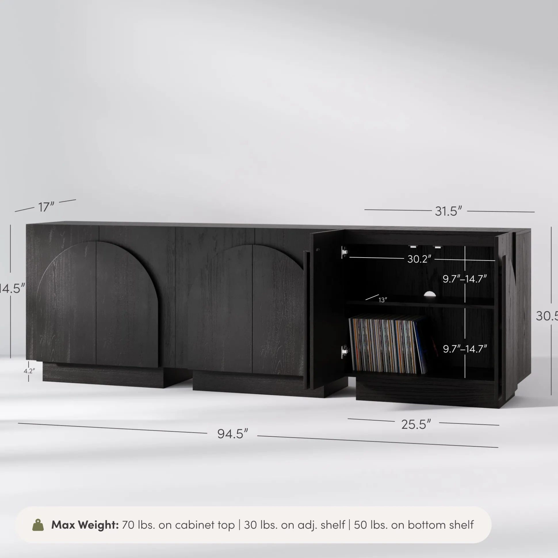Arched Kitchen Cabinet Credenza Black (Set of 3)