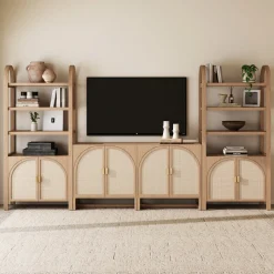 Arched Rattan Entertainment Center Wall Unit with Bookshelves (65
