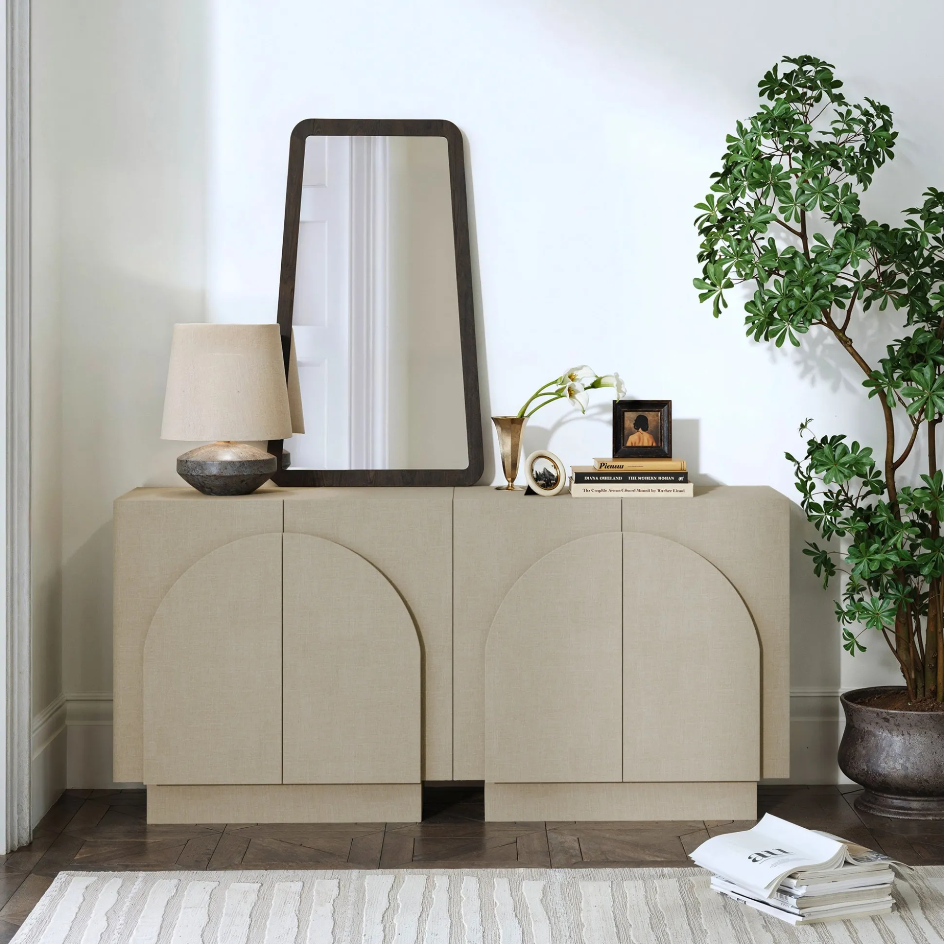 Arched TV Console Cabinet for TVs up to 65" Beige Linen