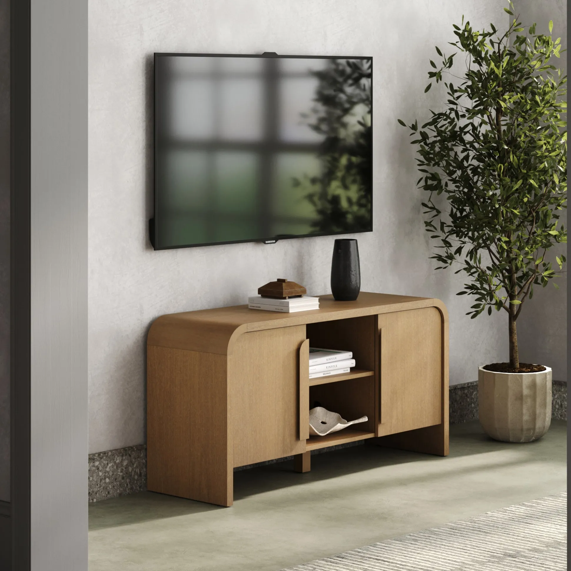 Arched TV Stand or Media Console Cabinet Warm Oak