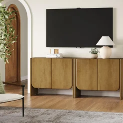 Arched Wood Accent Cabinet or Kitchen Credenza Light Brown (Set of 2)
