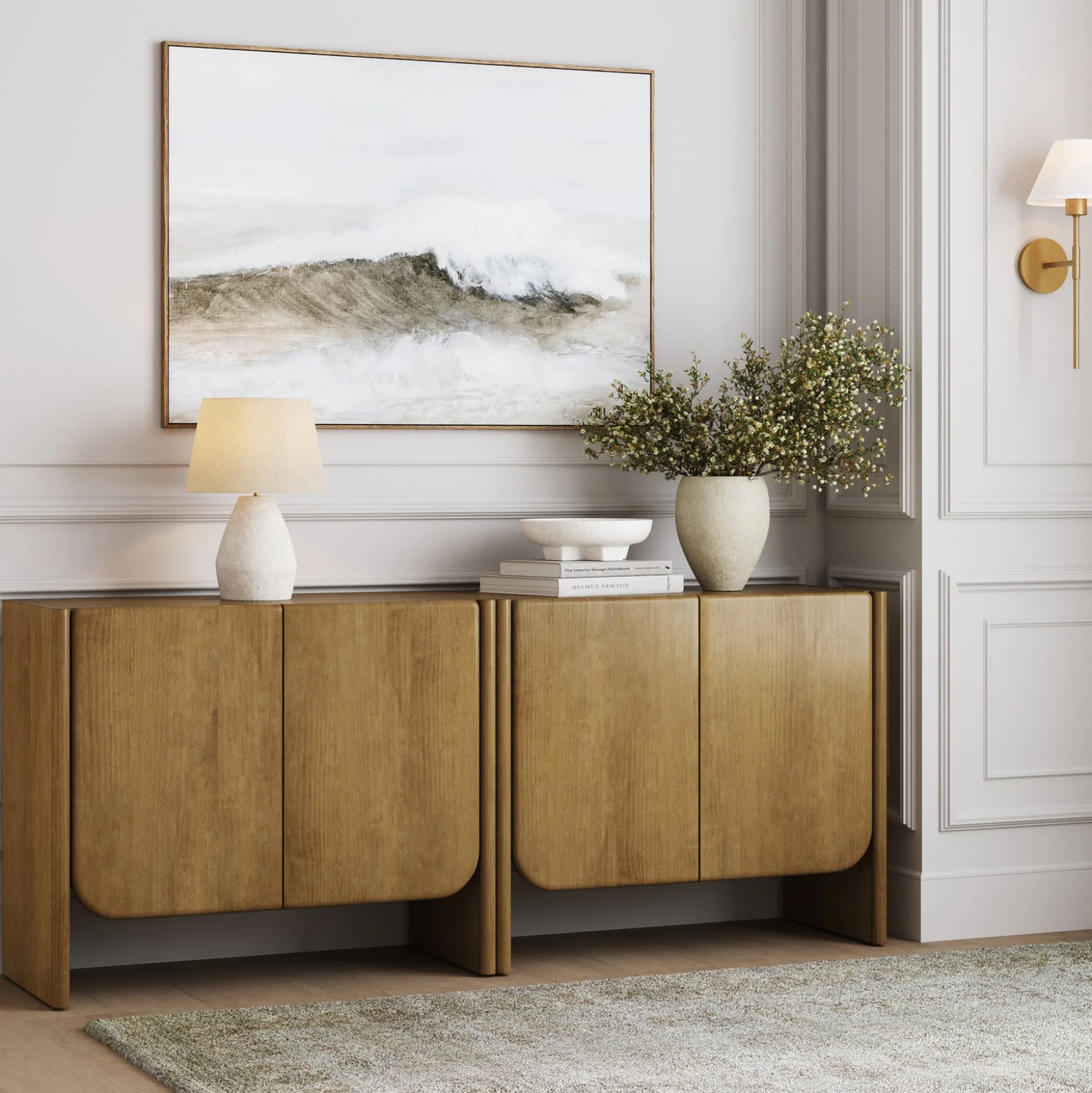 Arched Wood Accent Cabinet or Kitchen Credenza Light Brown (Set of 2)