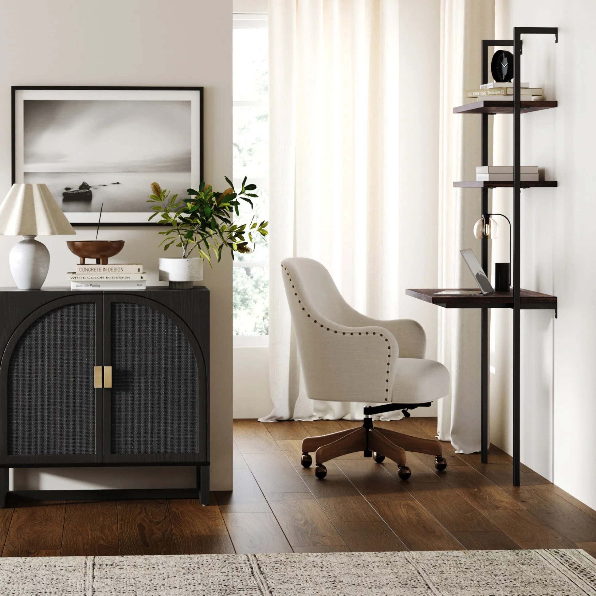Arched Wooden 2-Door Storage Cabinet Black Rattan
