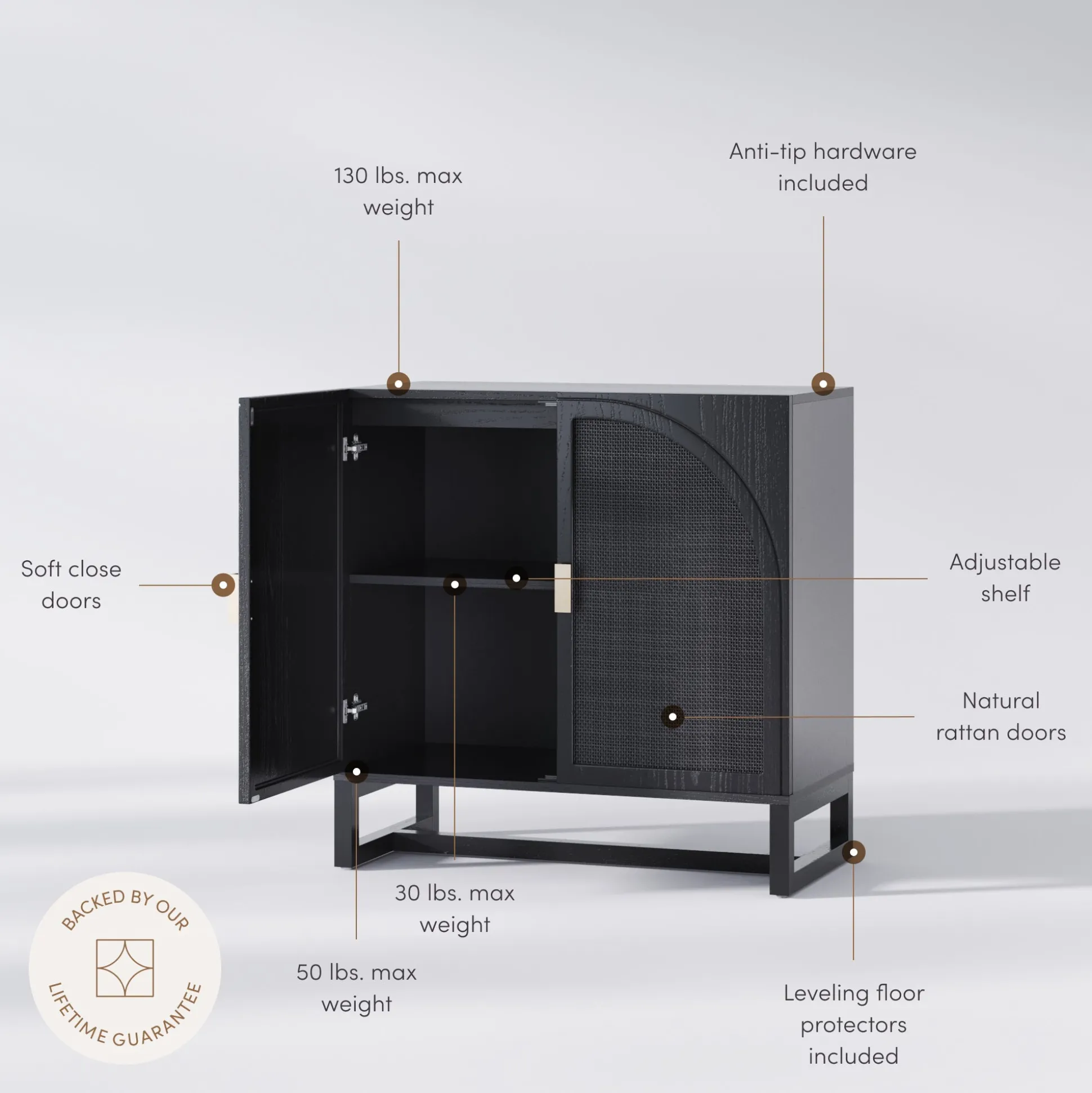 Arched Wooden 2-Door Storage Cabinet Black Rattan