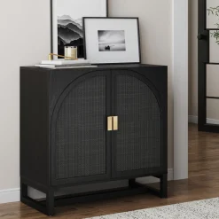 Arched Wooden 2-Door Storage Cabinet Black Rattan