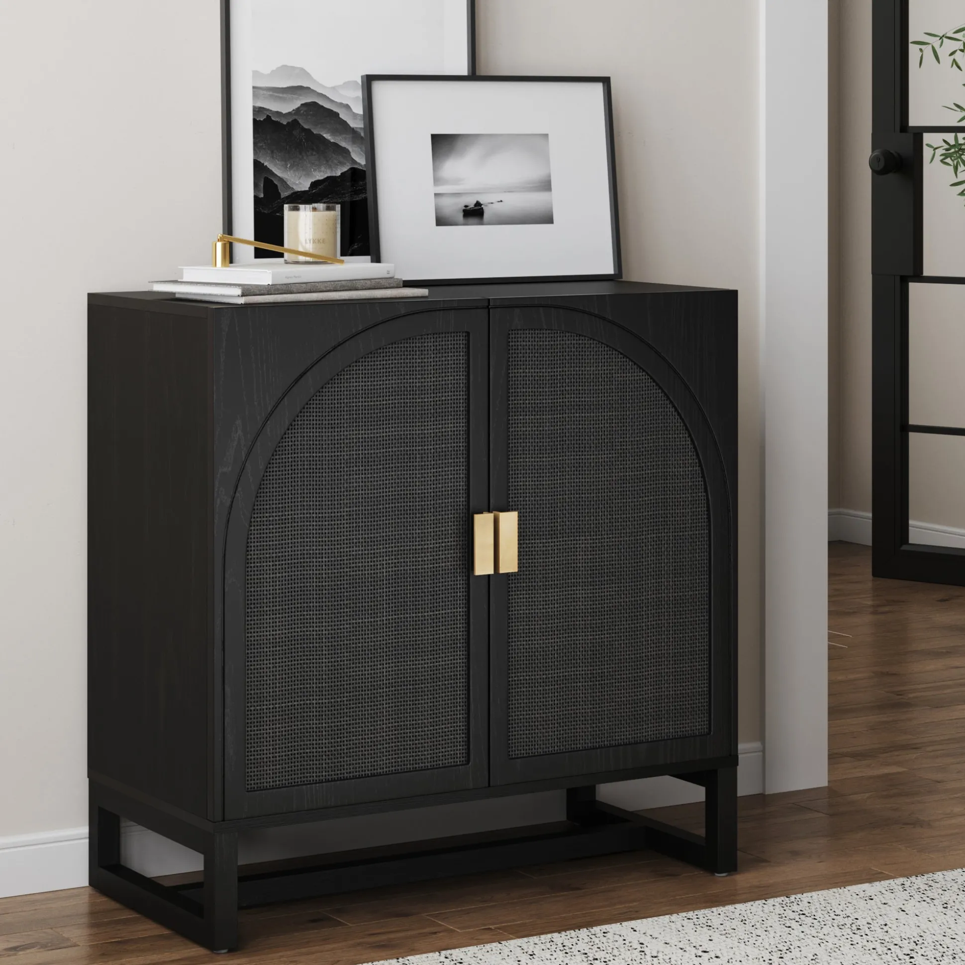 Arched Wooden 2-Door Storage Cabinet Black Rattan