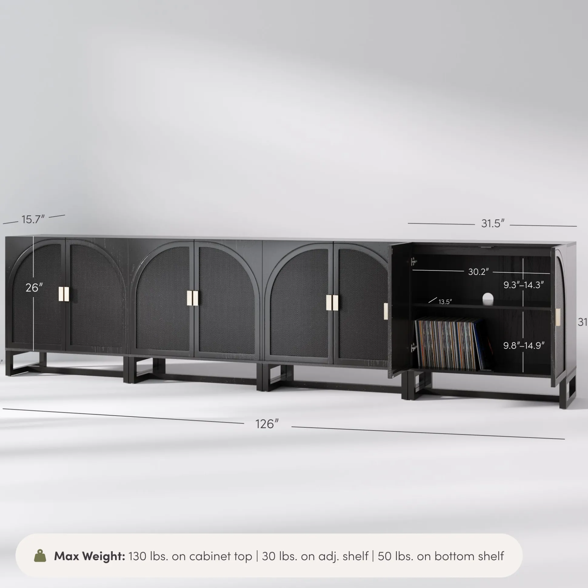 Arched Wooden Storage Credenza Black Rattan (Set of 4)