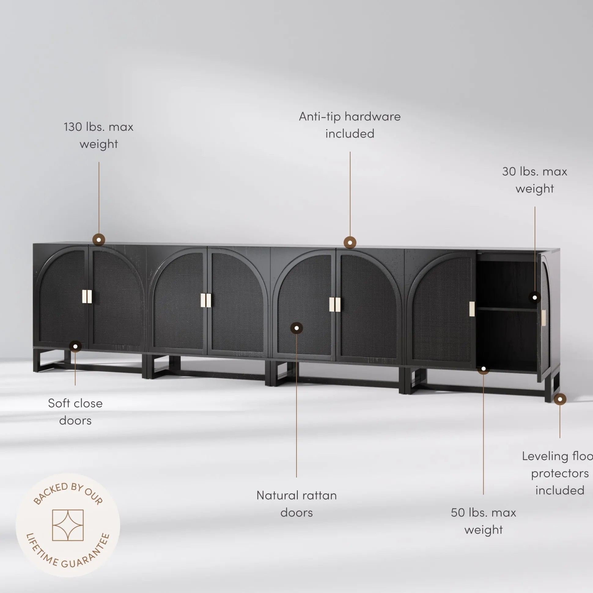 Arched Wooden Storage Credenza Black Rattan (Set of 4)