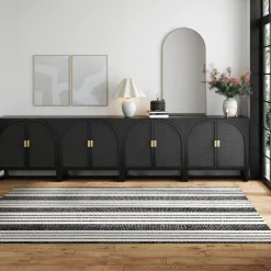 Arched Wooden Storage Credenza Black Rattan (Set of 4)