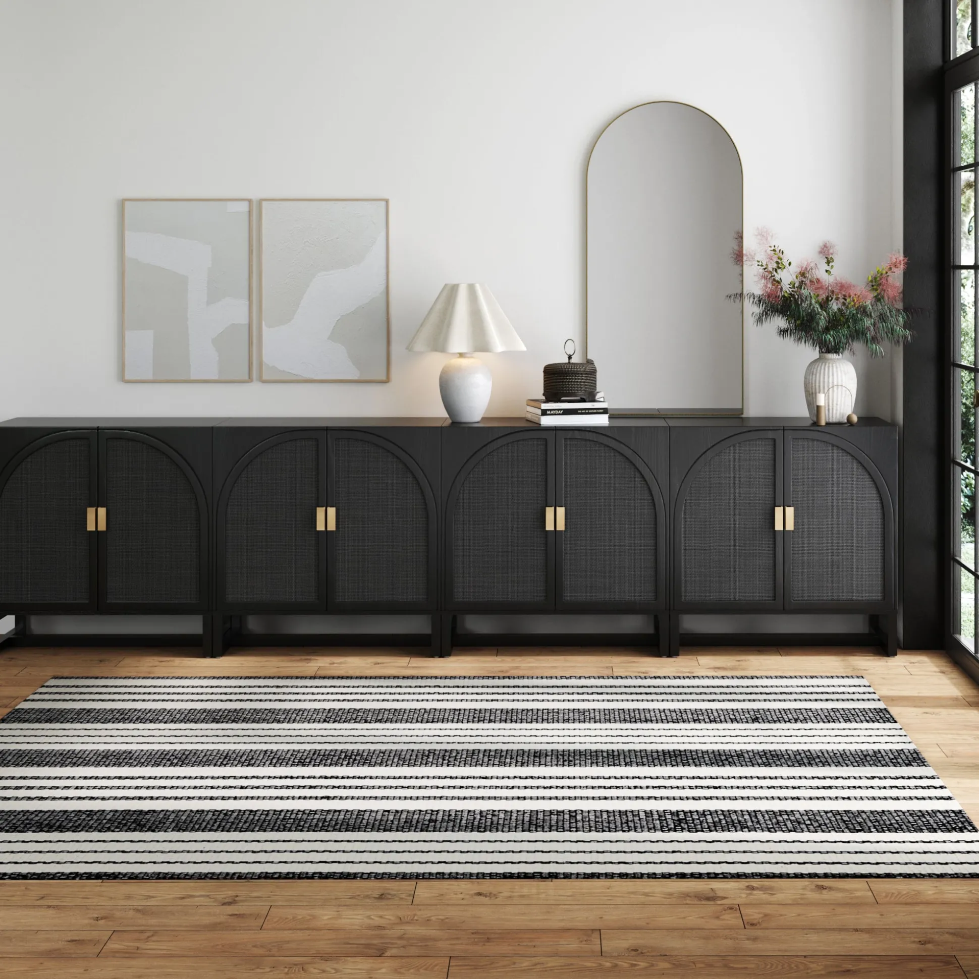 Arched Wooden Storage Credenza Black Rattan (Set of 4)