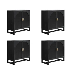 Arched Wooden Storage Credenza Black Rattan (Set of 4)